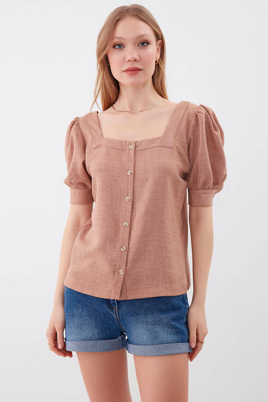 U-COLLAR LOOSE SLEEVE BUTTON BLOUSE