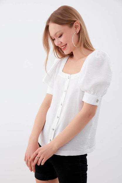 U-COLLAR LOOSE SLEEVE BUTTON BLOUSE