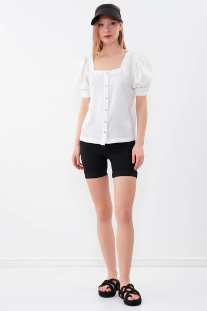 U-COLLAR LOOSE SLEEVE BUTTON BLOUSE