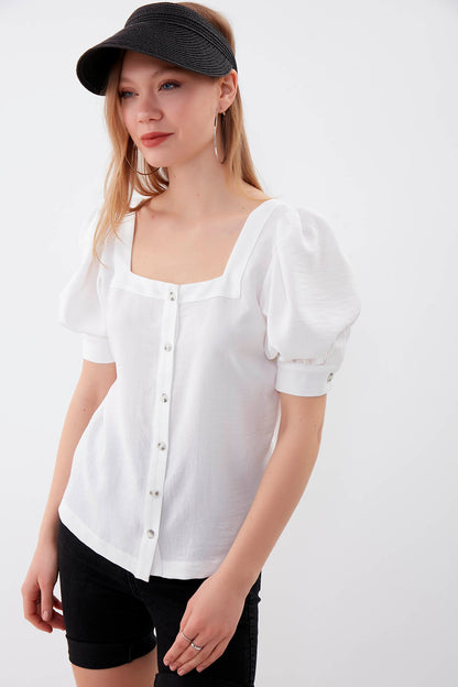 U-COLLAR LOOSE SLEEVE BUTTON BLOUSE