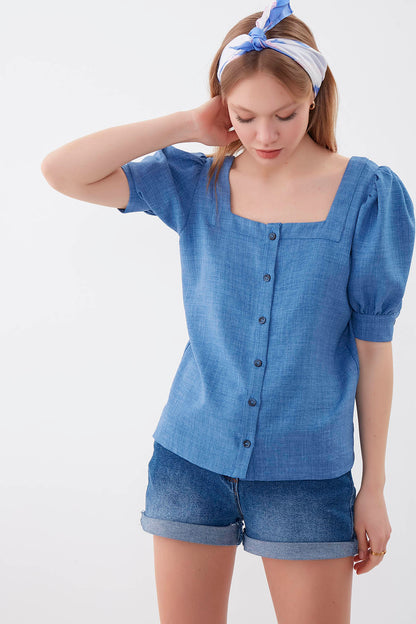 U-COLLAR LOOSE SLEEVE BUTTON BLOUSE
