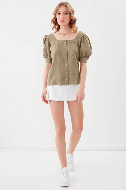 U-COLLAR LOOSE SLEEVE BUTTON BLOUSE