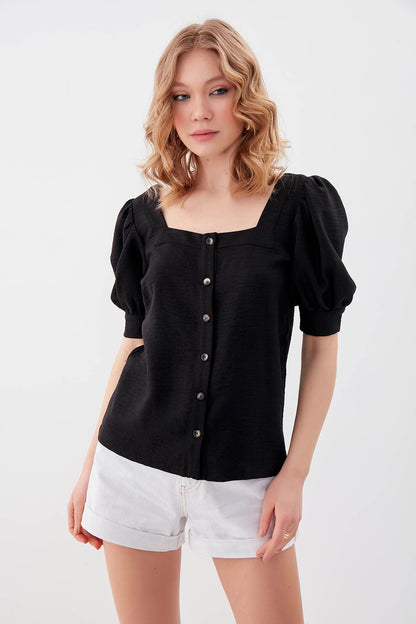 U-COLLAR LOOSE SLEEVE BUTTON BLOUSE