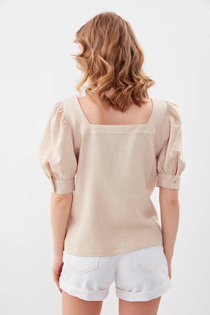 U-COLLAR LOOSE SLEEVE BUTTON BLOUSE