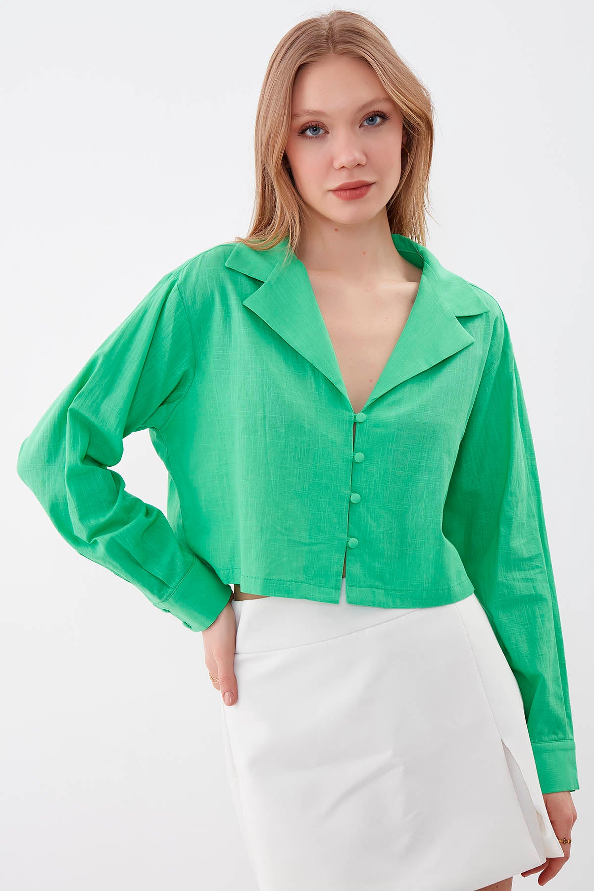 LONG SLEEVE VISCOSE LINEN CROP SHIRT