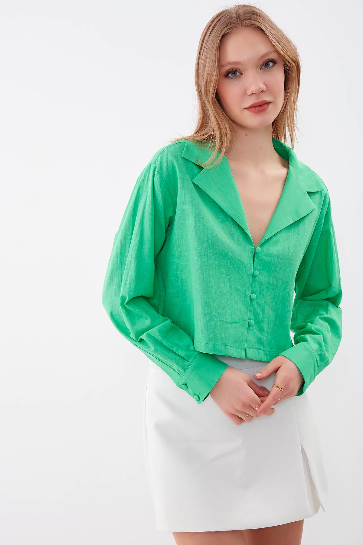 LONG SLEEVE VISCOSE LINEN CROP SHIRT
