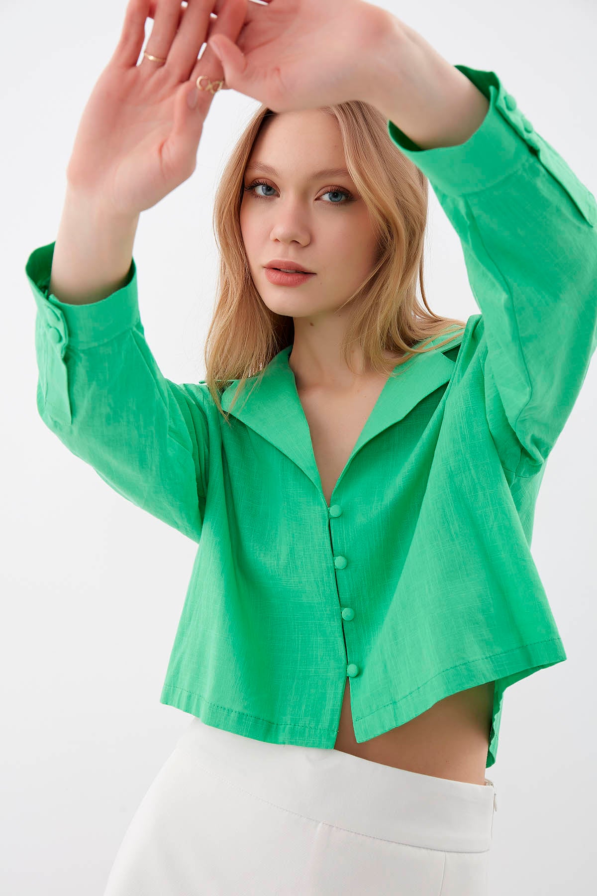 LONG SLEEVE VISCOSE LINEN CROP SHIRT
