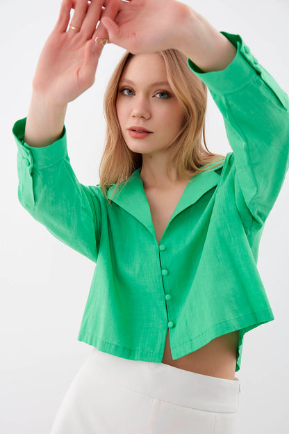 LONG SLEEVE VISCOSE LINEN CROP SHIRT