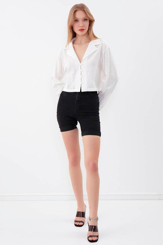 LONG SLEEVE VISCOSE LINEN CROP SHIRT