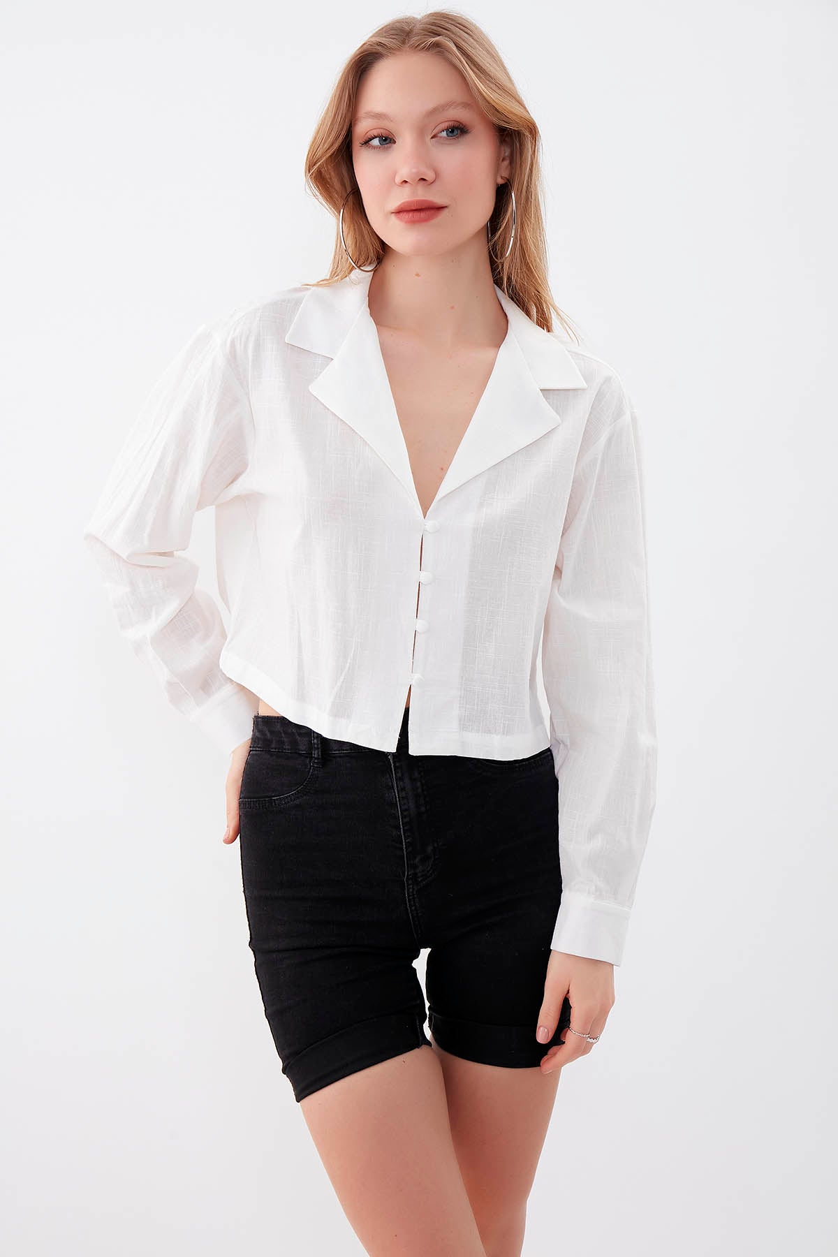 LONG SLEEVE VISCOSE LINEN CROP SHIRT