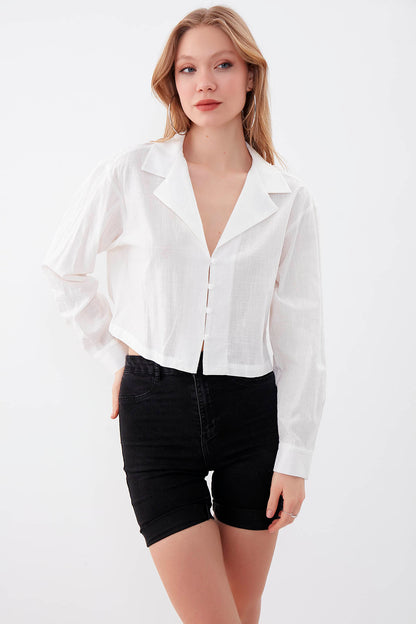 LONG SLEEVE VISCOSE LINEN CROP SHIRT