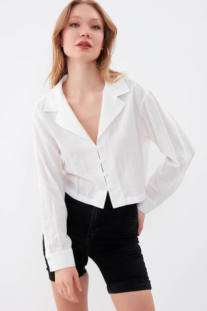 LONG SLEEVE VISCOSE LINEN CROP SHIRT