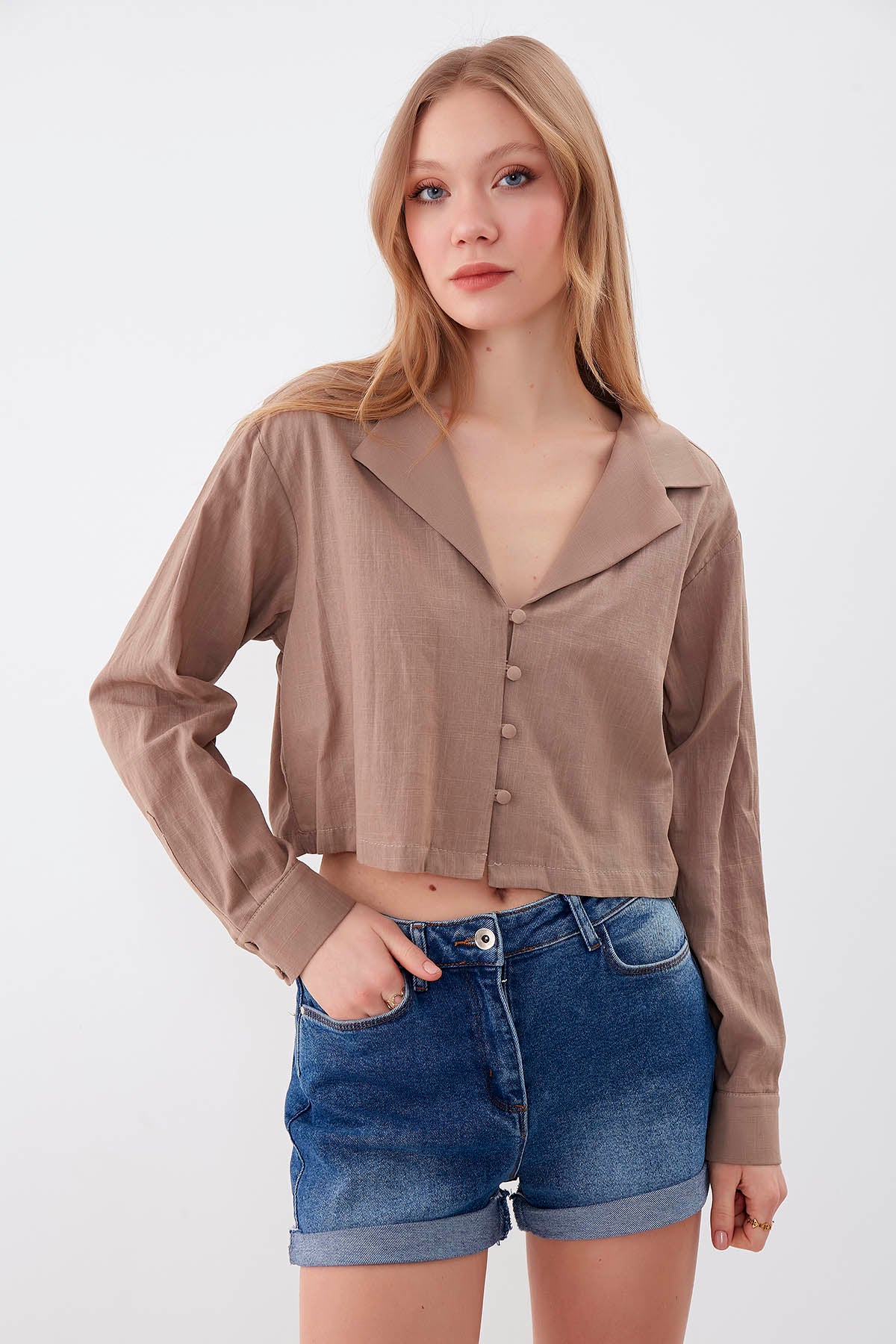 LONG SLEEVE VISCOSE LINEN CROP SHIRT