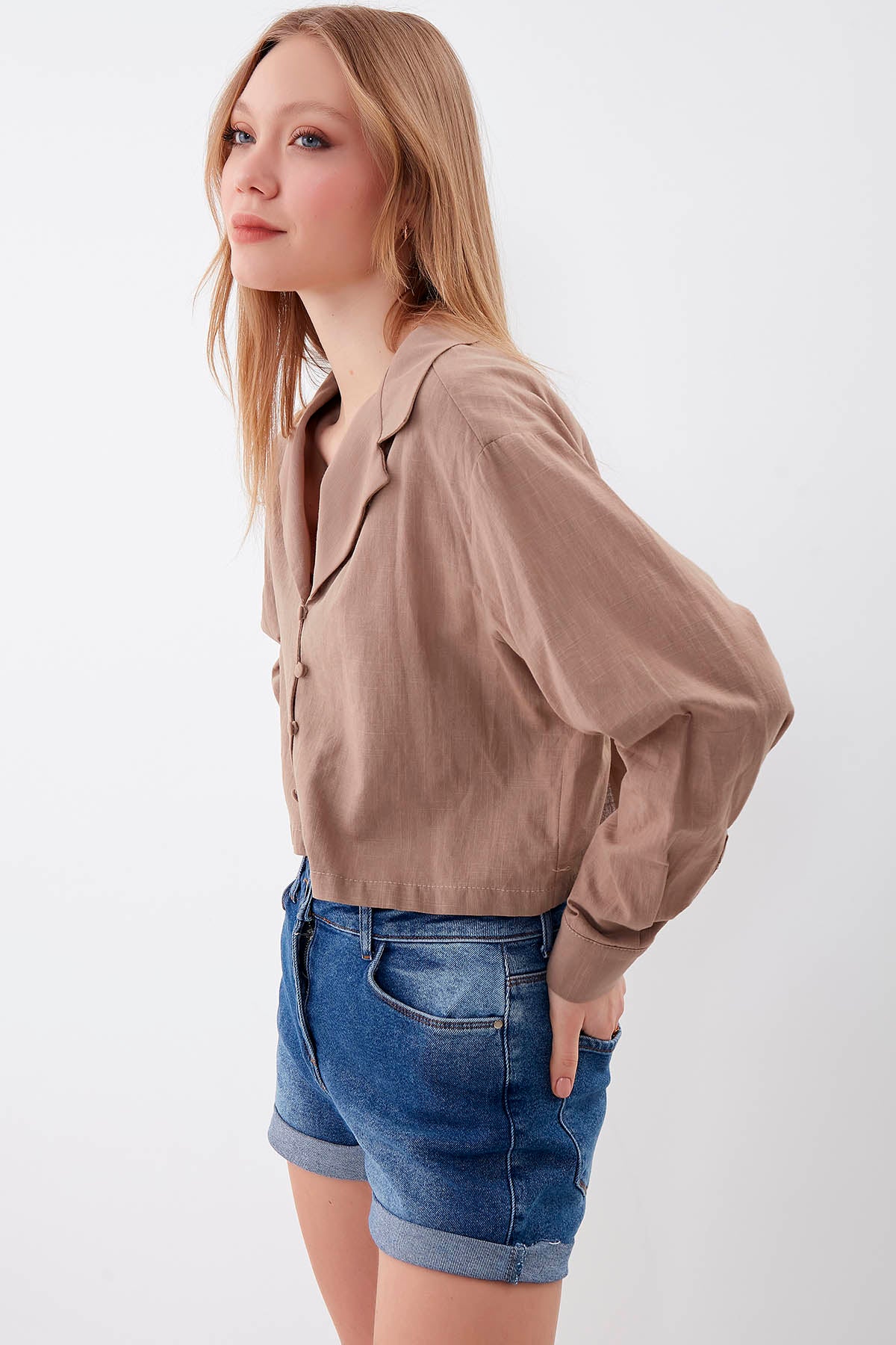 LONG SLEEVE VISCOSE LINEN CROP SHIRT
