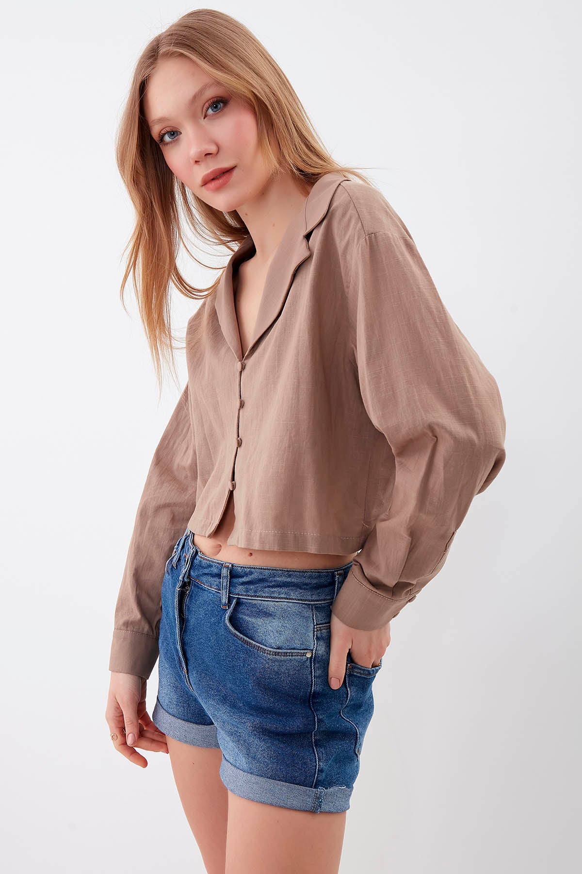 LONG SLEEVE VISCOSE LINEN CROP SHIRT