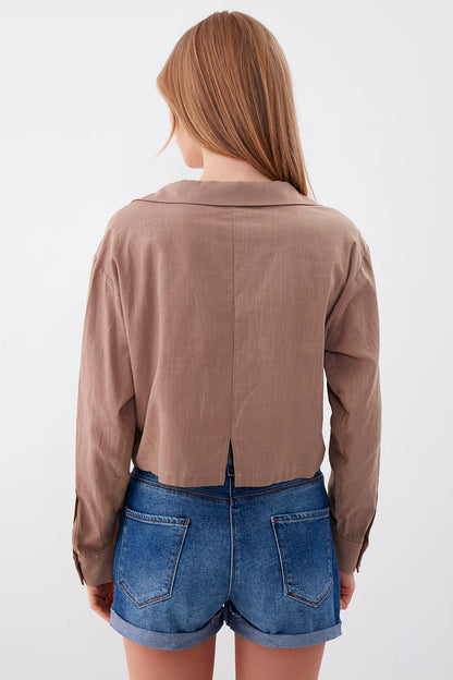 LONG SLEEVE VISCOSE LINEN CROP SHIRT