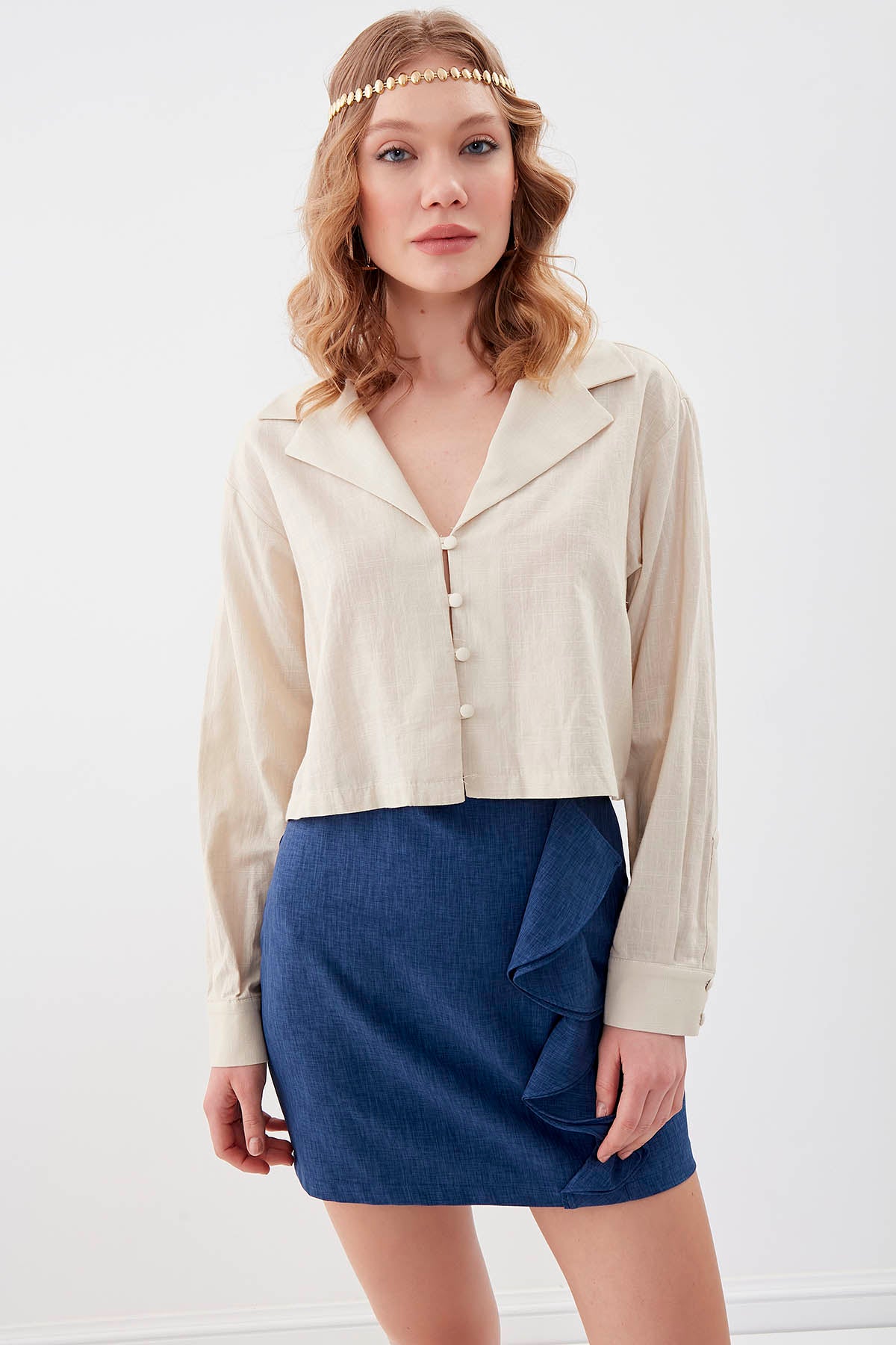LONG SLEEVE VISCOSE LINEN CROP SHIRT
