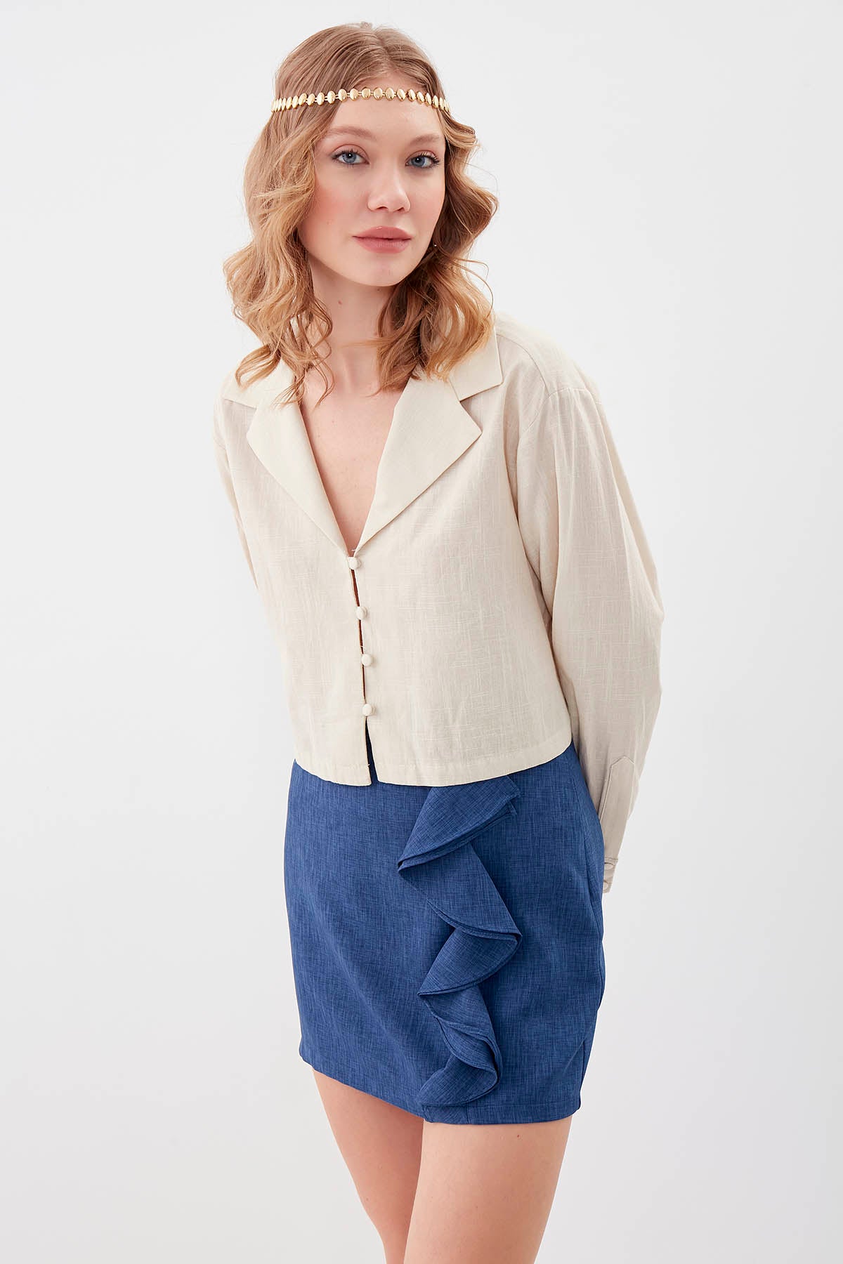 LONG SLEEVE VISCOSE LINEN CROP SHIRT