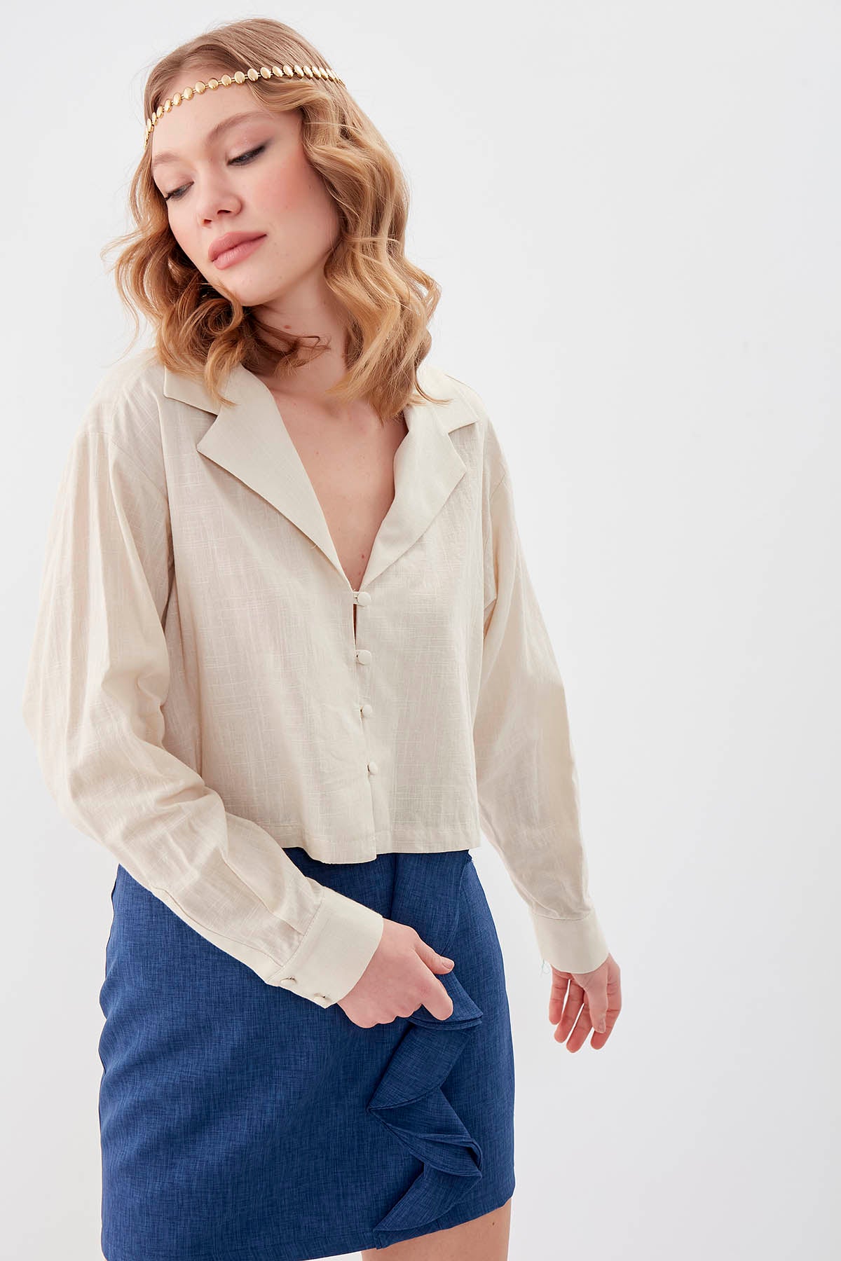 LONG SLEEVE VISCOSE LINEN CROP SHIRT
