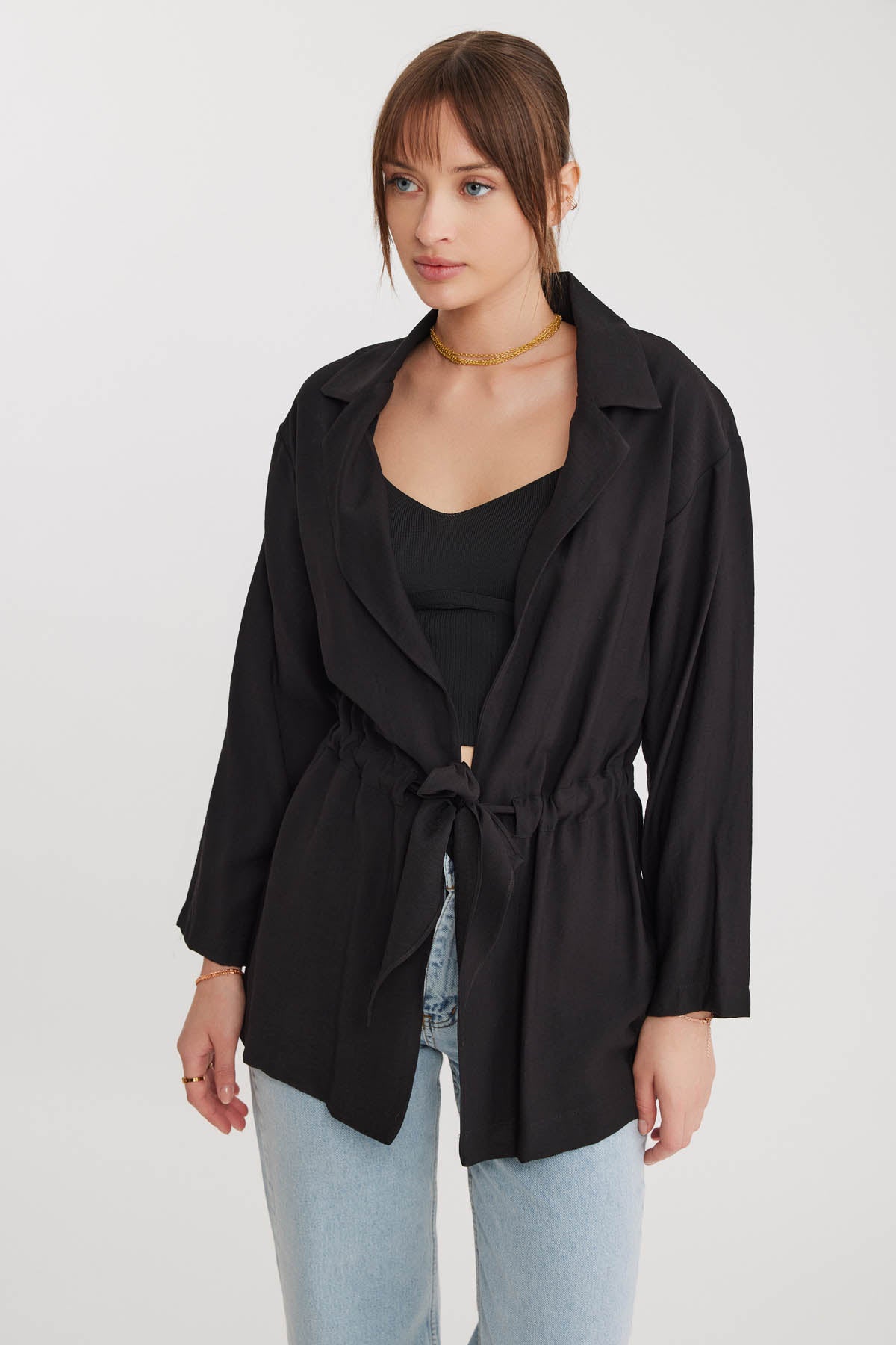 LONG COLLAR DETAILED WAIST-TIE JACKET