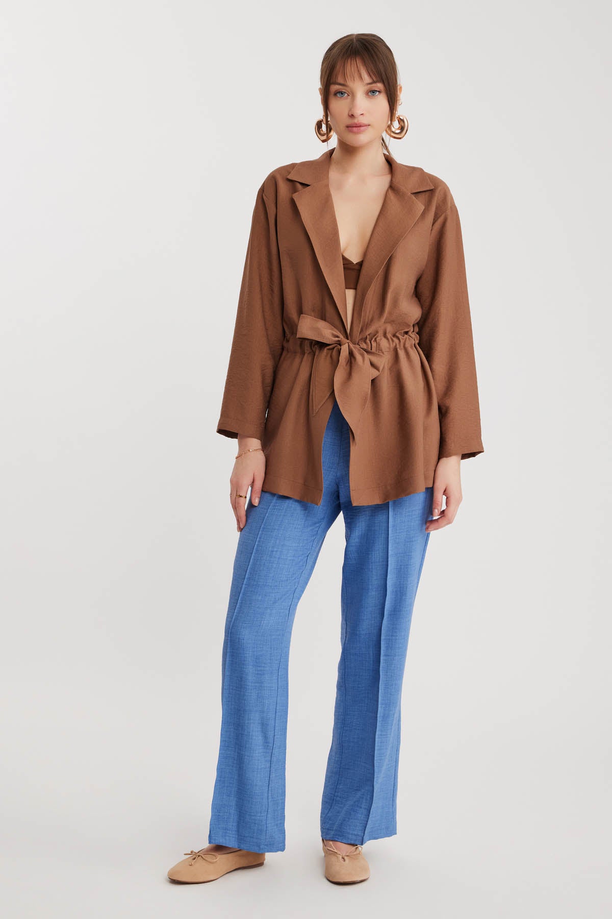 LONG COLLAR DETAILED WAIST-TIE JACKET