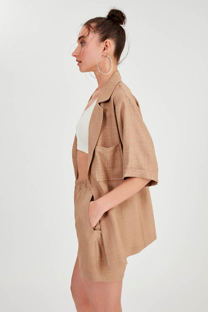 LONG COLLAR DETAILED LOW SHOULDER JACKET