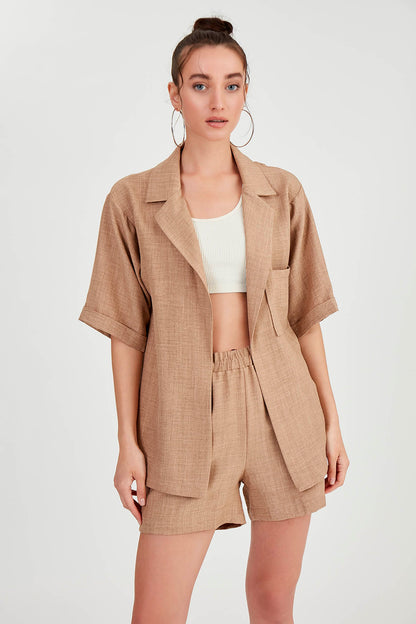 LONG COLLAR DETAILED LOW SHOULDER JACKET