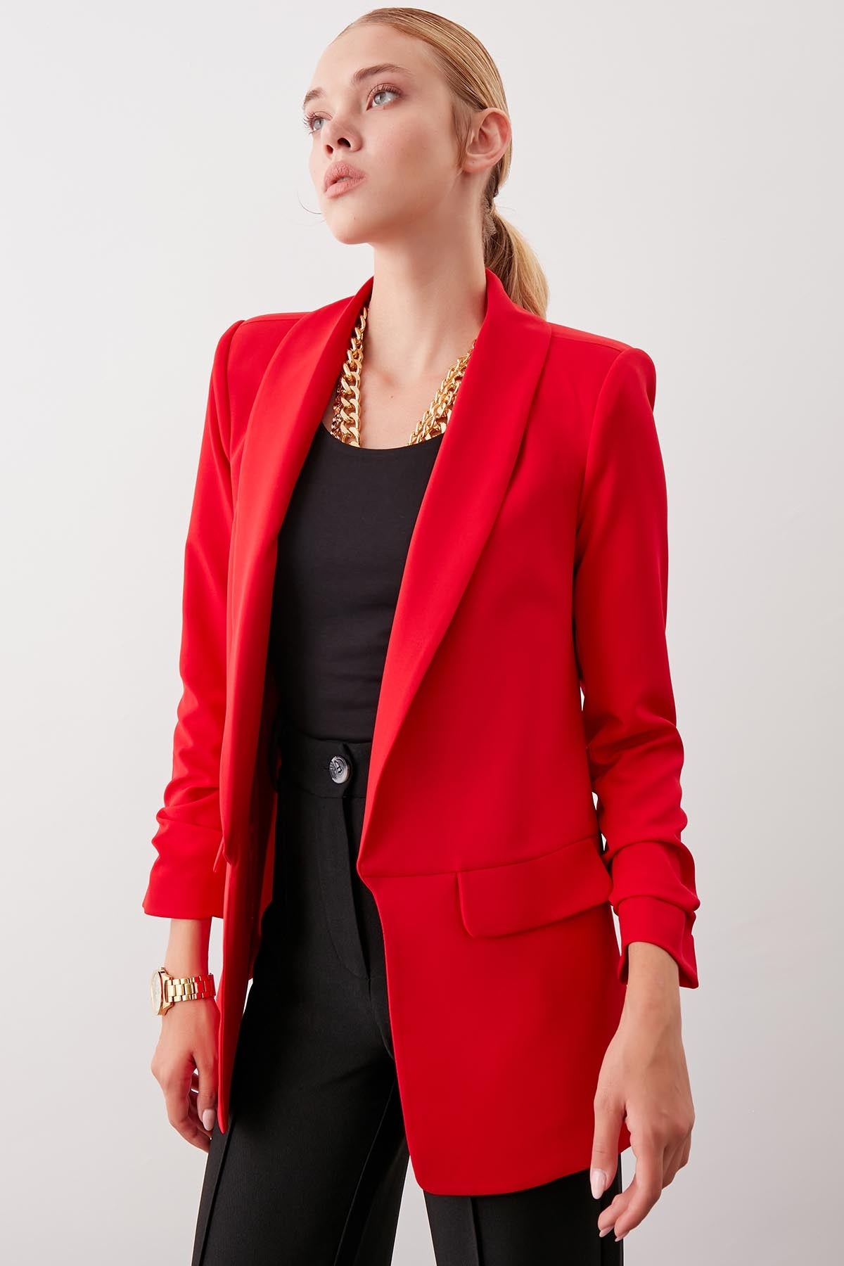 LONG COLLAR DETAILED SLEEVE BLAZER JACKET