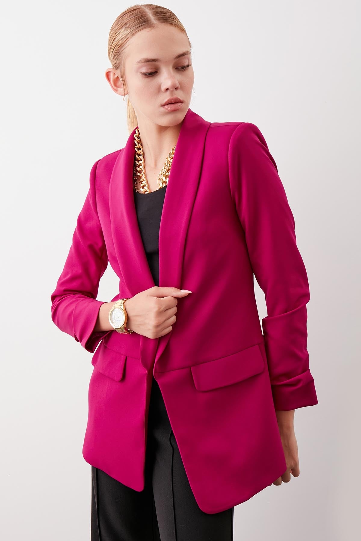 LONG COLLAR DETAILED SLEEVE BLAZER JACKET