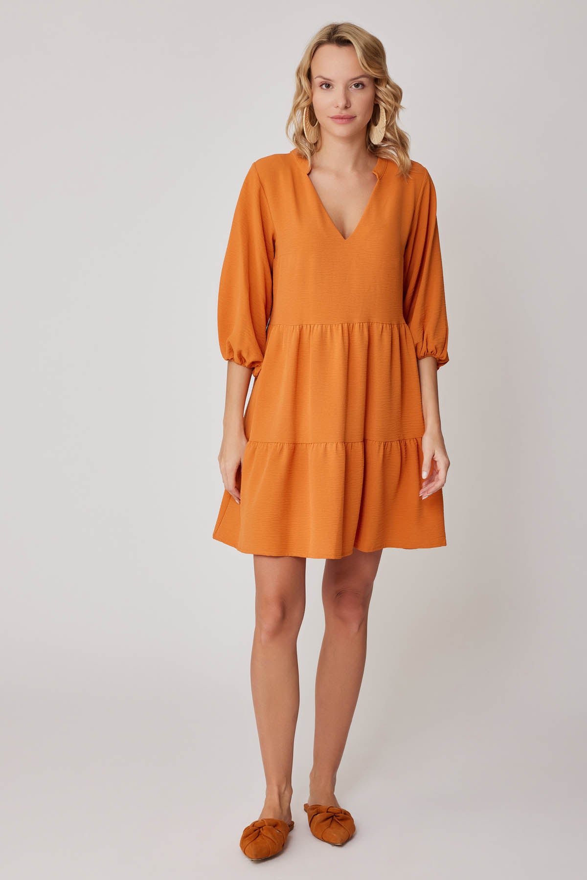V COLLAR BUBBLE SLEEVE WIDE SECTOR DRESS