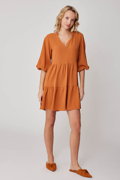 V COLLAR BUBBLE SLEEVE WIDE SECTOR DRESS