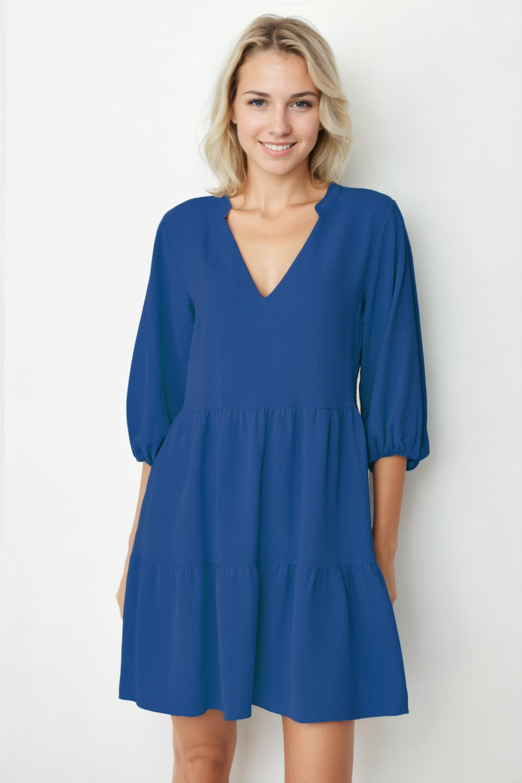 V COLLAR BUBBLE SLEEVE WIDE SECTOR DRESS