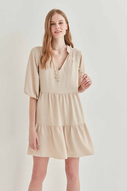 V COLLAR BUBBLE SLEEVE WIDE SECTOR DRESS