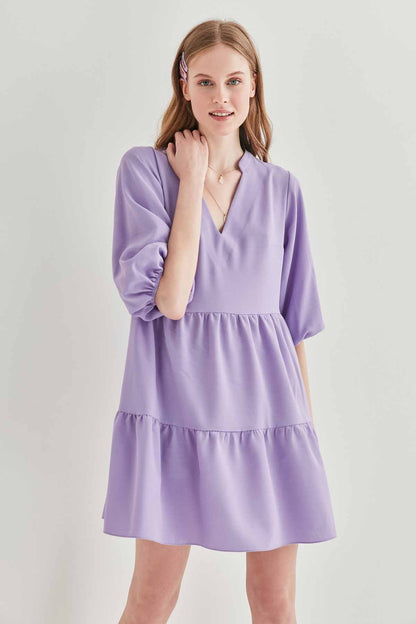 V COLLAR BUBBLE SLEEVE WIDE SECTOR DRESS