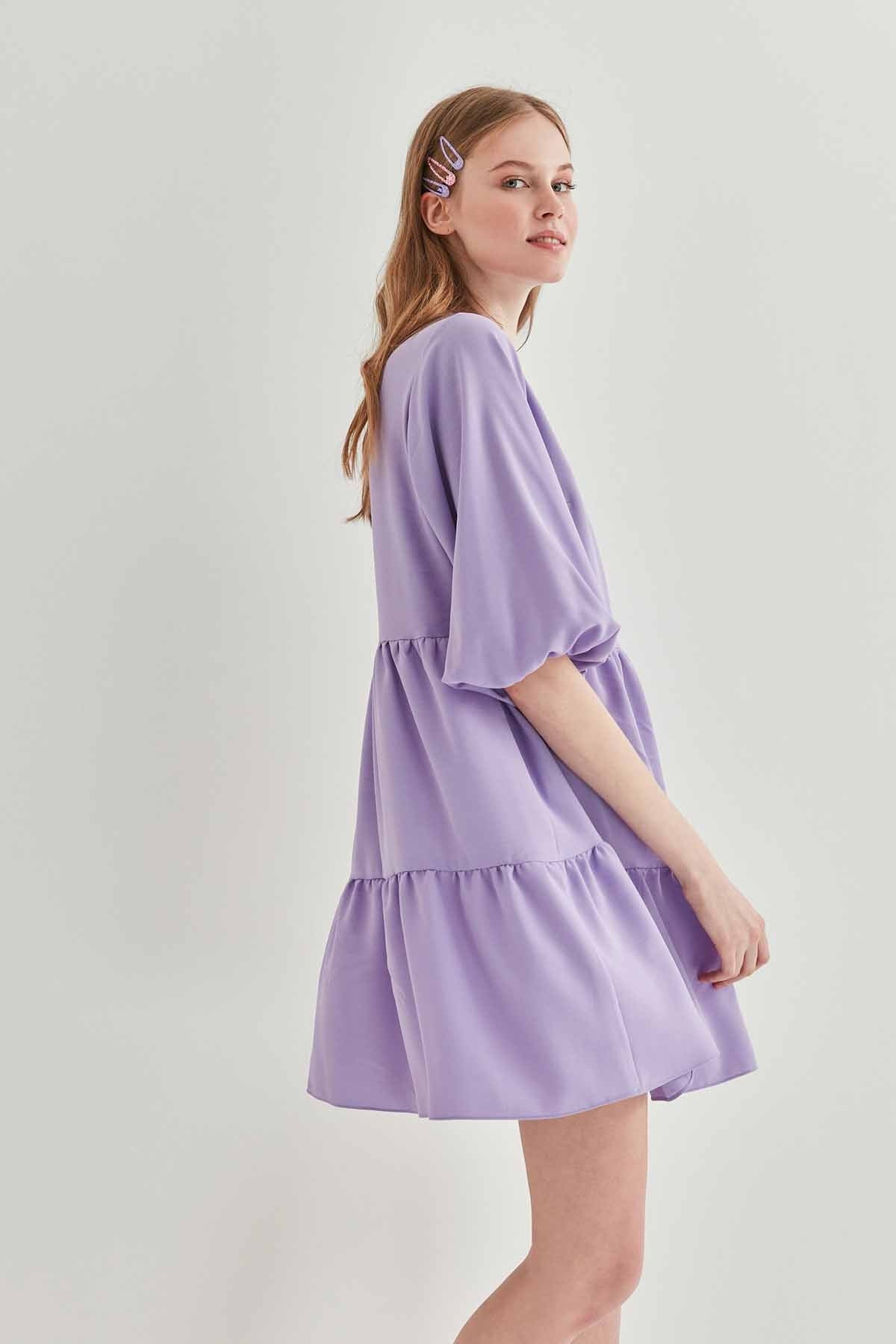 V COLLAR BUBBLE SLEEVE WIDE SECTOR DRESS