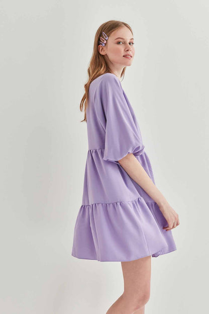 V COLLAR BUBBLE SLEEVE WIDE SECTOR DRESS