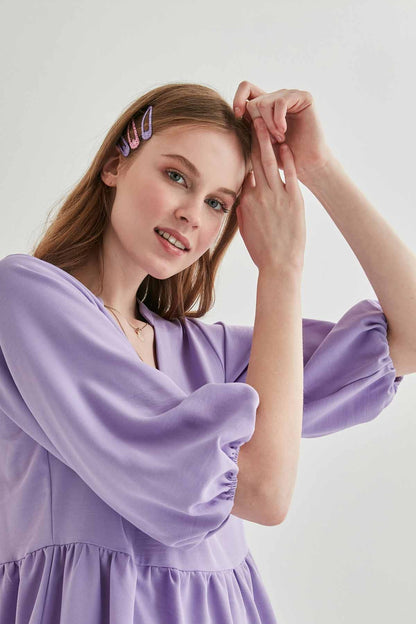 V COLLAR BUBBLE SLEEVE WIDE SECTOR DRESS