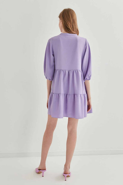 V COLLAR BUBBLE SLEEVE WIDE SECTOR DRESS