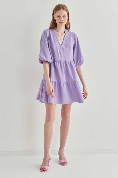 V COLLAR BUBBLE SLEEVE WIDE SECTOR DRESS