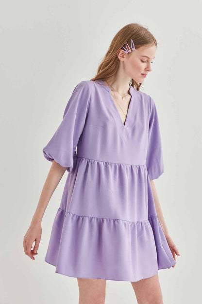 V COLLAR BUBBLE SLEEVE WIDE SECTOR DRESS