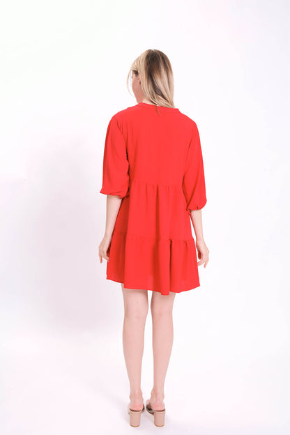 V COLLAR BUBBLE SLEEVE WIDE SECTOR DRESS