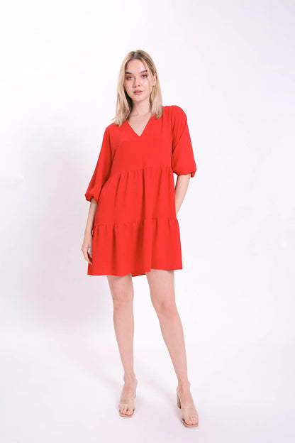 V COLLAR BUBBLE SLEEVE WIDE SECTOR DRESS