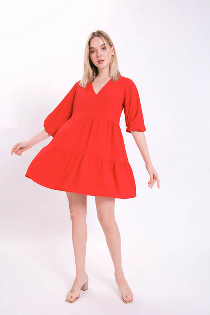 V COLLAR BUBBLE SLEEVE WIDE SECTOR DRESS