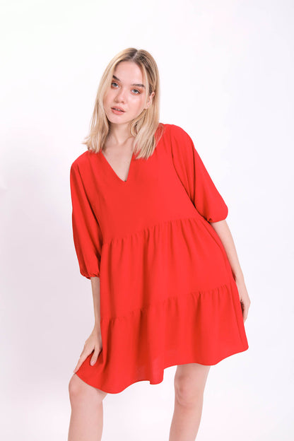 V COLLAR BUBBLE SLEEVE WIDE SECTOR DRESS