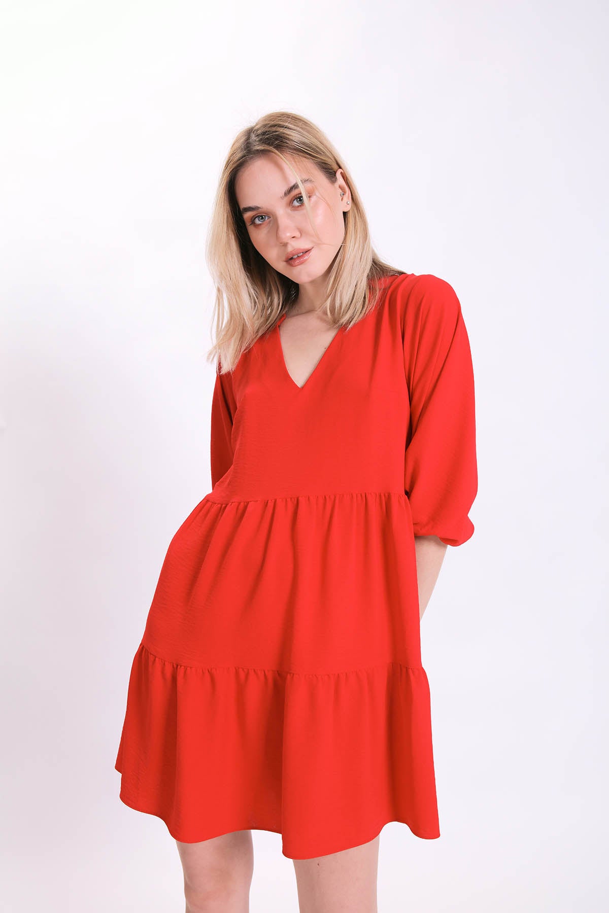 V COLLAR BUBBLE SLEEVE WIDE SECTOR DRESS