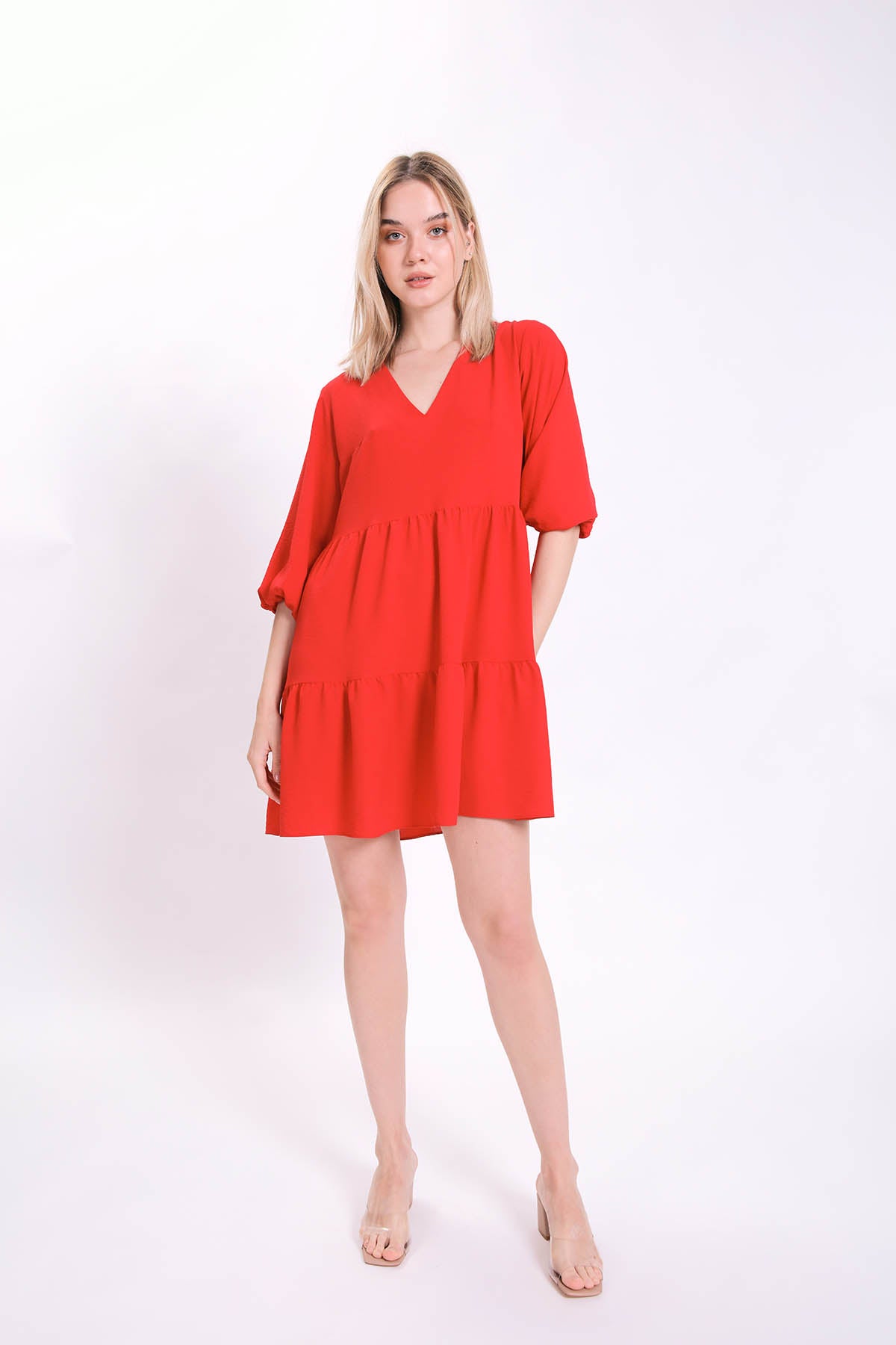 V COLLAR BUBBLE SLEEVE WIDE SECTOR DRESS