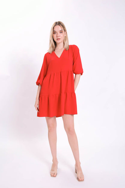 V COLLAR BUBBLE SLEEVE WIDE SECTOR DRESS