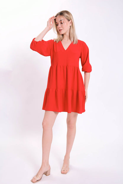 V COLLAR BUBBLE SLEEVE WIDE SECTOR DRESS