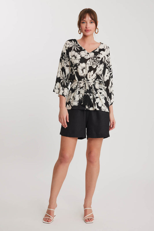 V COLLAR FLOWERED WAIST TASSEL LACED BLOUSE