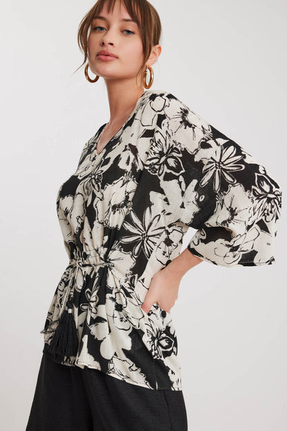 V COLLAR FLOWERED WAIST TASSEL LACED BLOUSE